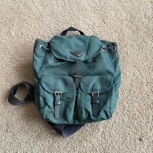 Prada nylon backpack y2k 2000s in green with leather trim and silver-tone small
